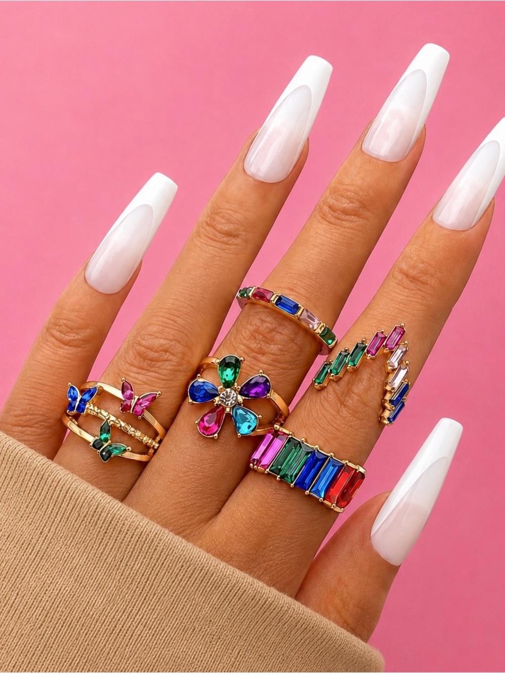 Multicolor Crystal Ring Set Gold Tone Butterfly Flower Rainbow Stackable 5 NWT
